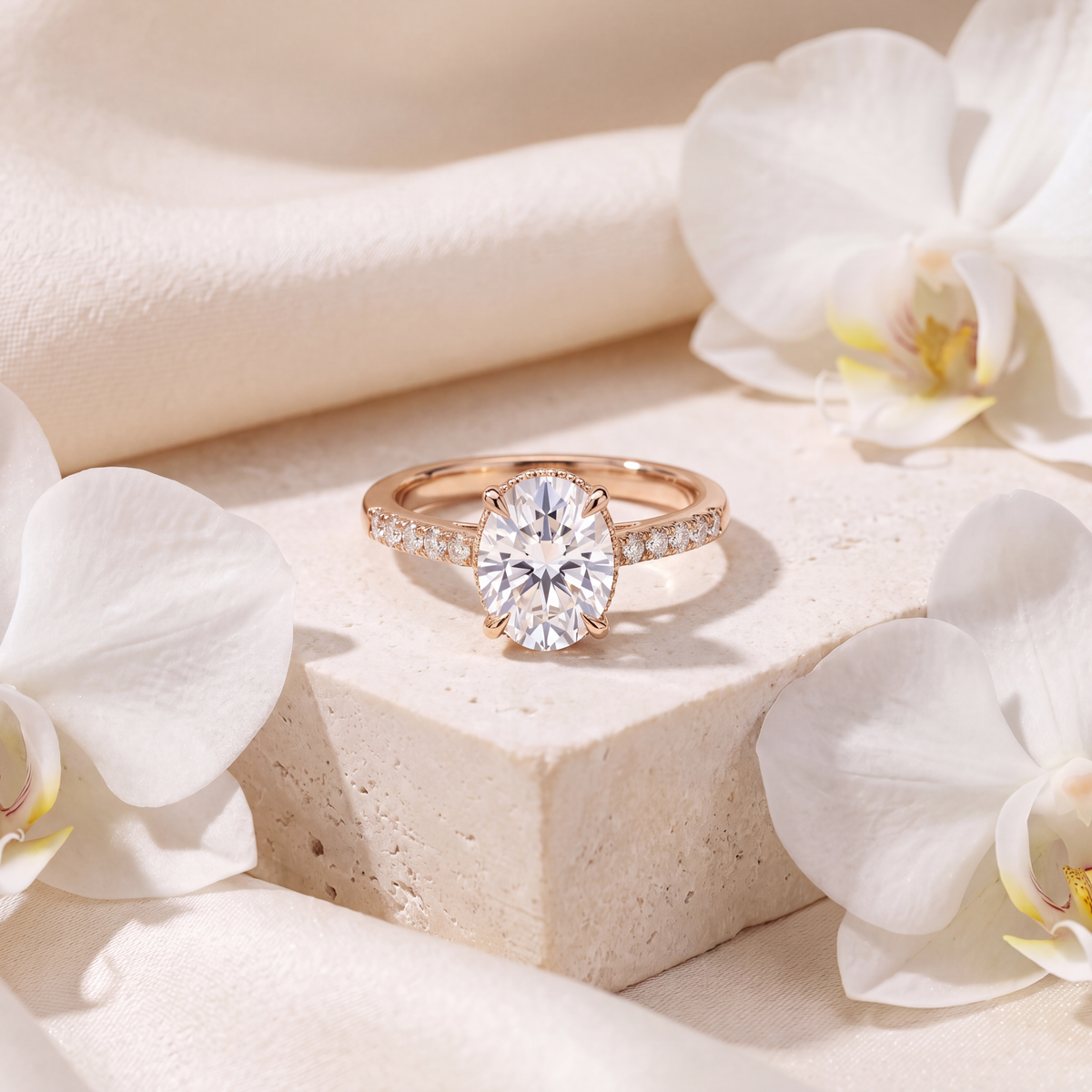 Front view of the oval moissanite engagement ring crafted in rose gold with a pavé setting.
