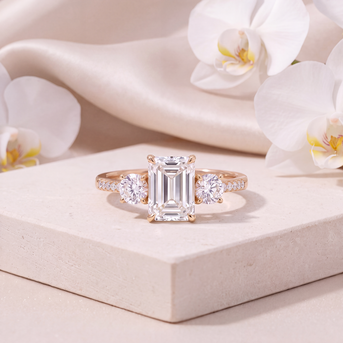 Rose gold emerald cut three-stone moissanite ring with pavé band on a stone display.