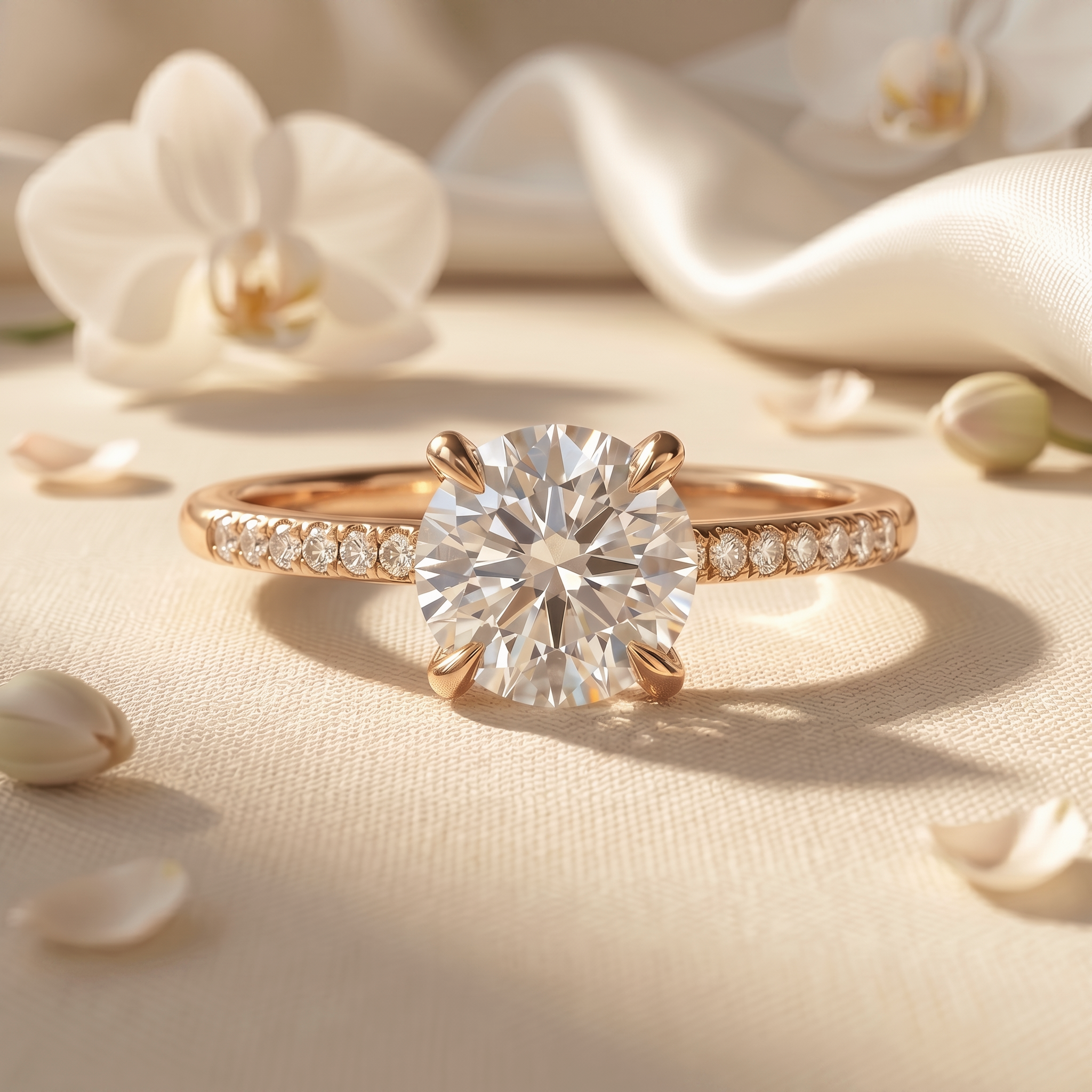 A classic round-cut moissanite engagement ring with a sparkling diamond-accented band in rose gold.