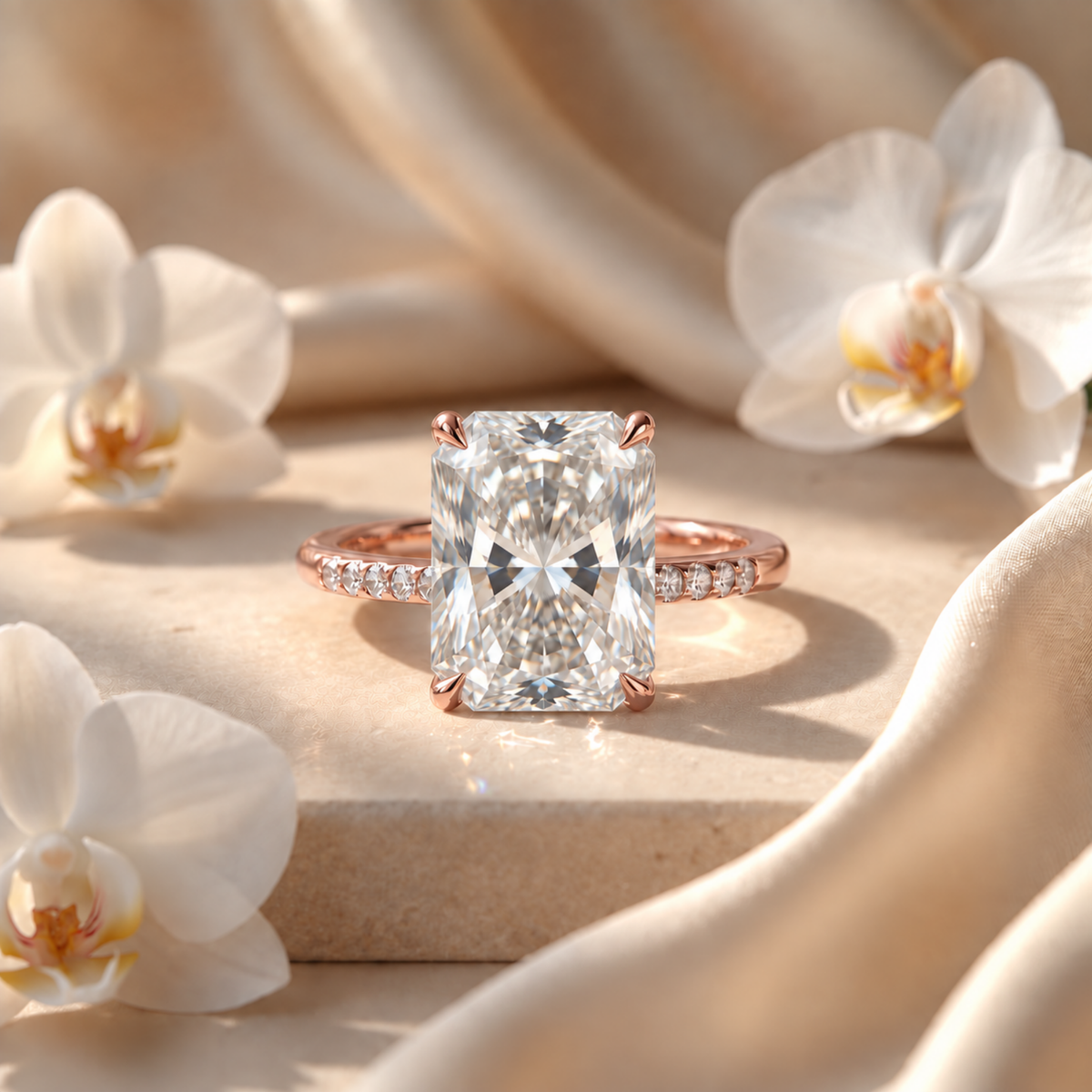 Front view of a radiant cut moissanite engagement ring with a pavé rose gold band.