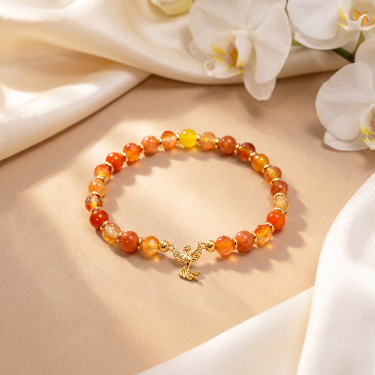 Phoenix bracelet with gold-tone charm and warm-toned beads on a cream display