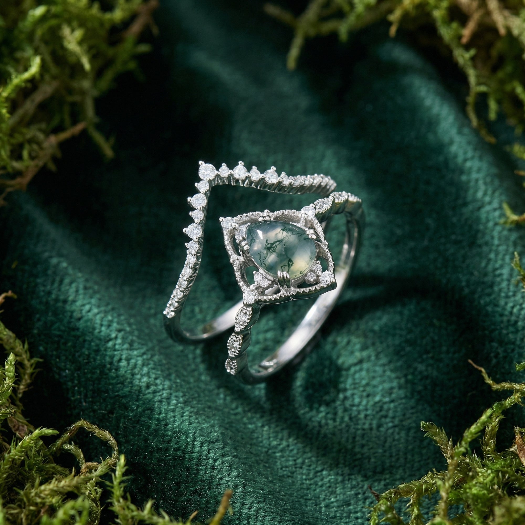 Diamantbesetztes Ringset aus natürlichem Achat im Ovalschliff – S925 Sterling Silber