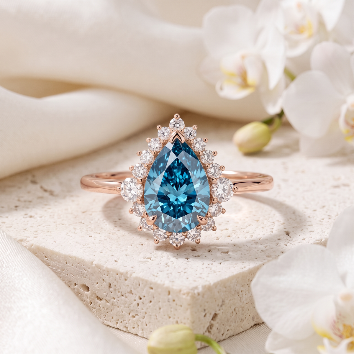 Pear-cut ocean blue moissanite halo ring in rose gold centered on a stone pedestal.