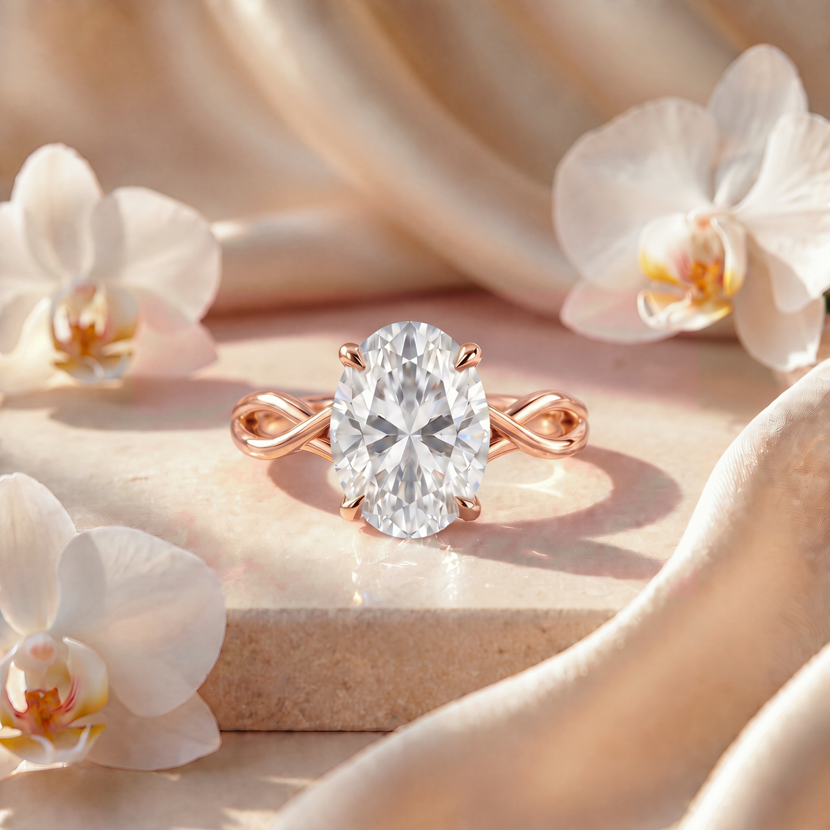 Front view of an oval cut moissanite engagement ring in rose gold with a twisted infinity band.