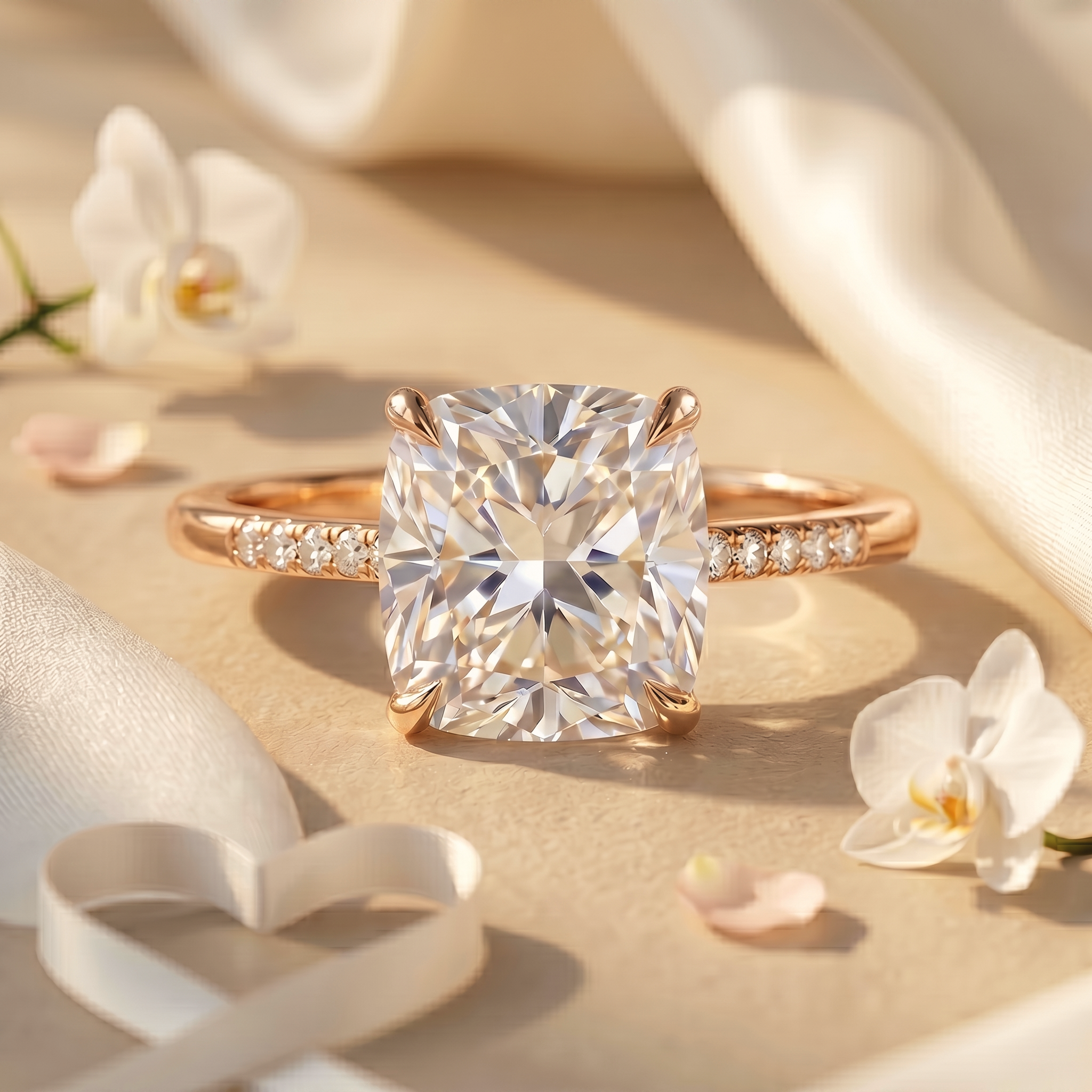 A cushion-cut moissanite engagement ring in rose gold, elegantly presented on silk.