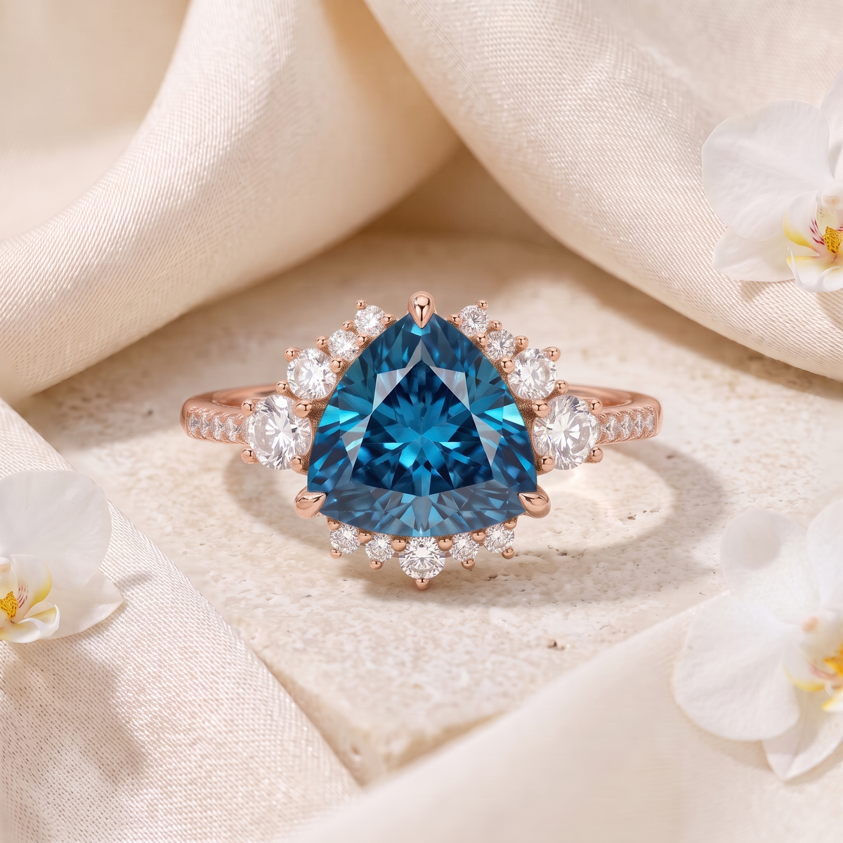 A rose gold engagement ring featuring a brilliant trillion-cut blue moissanite center stone with a diamond halo.