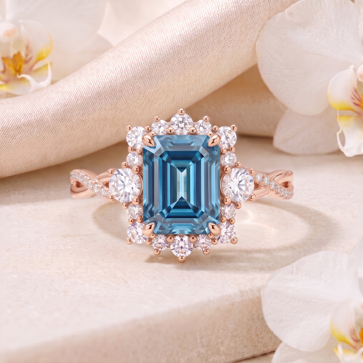 Emerald cut blue moissanite halo engagement ring in rose gold displayed on a stone surface
