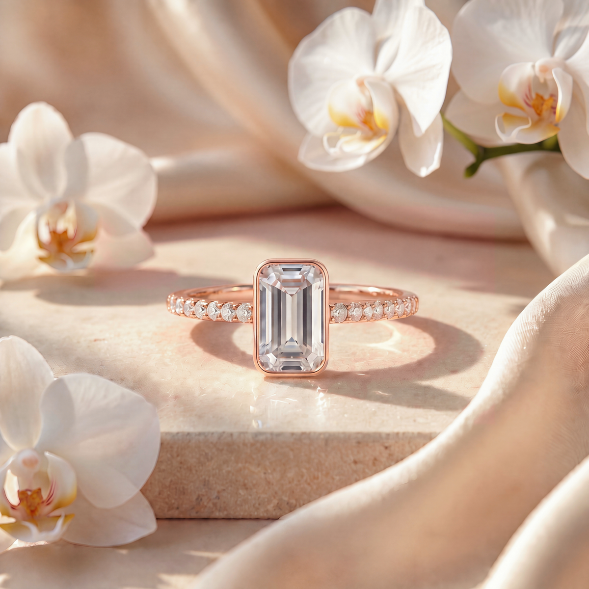 Front view of an emerald-cut bezel moissanite engagement ring with a pavé band in rose gold.