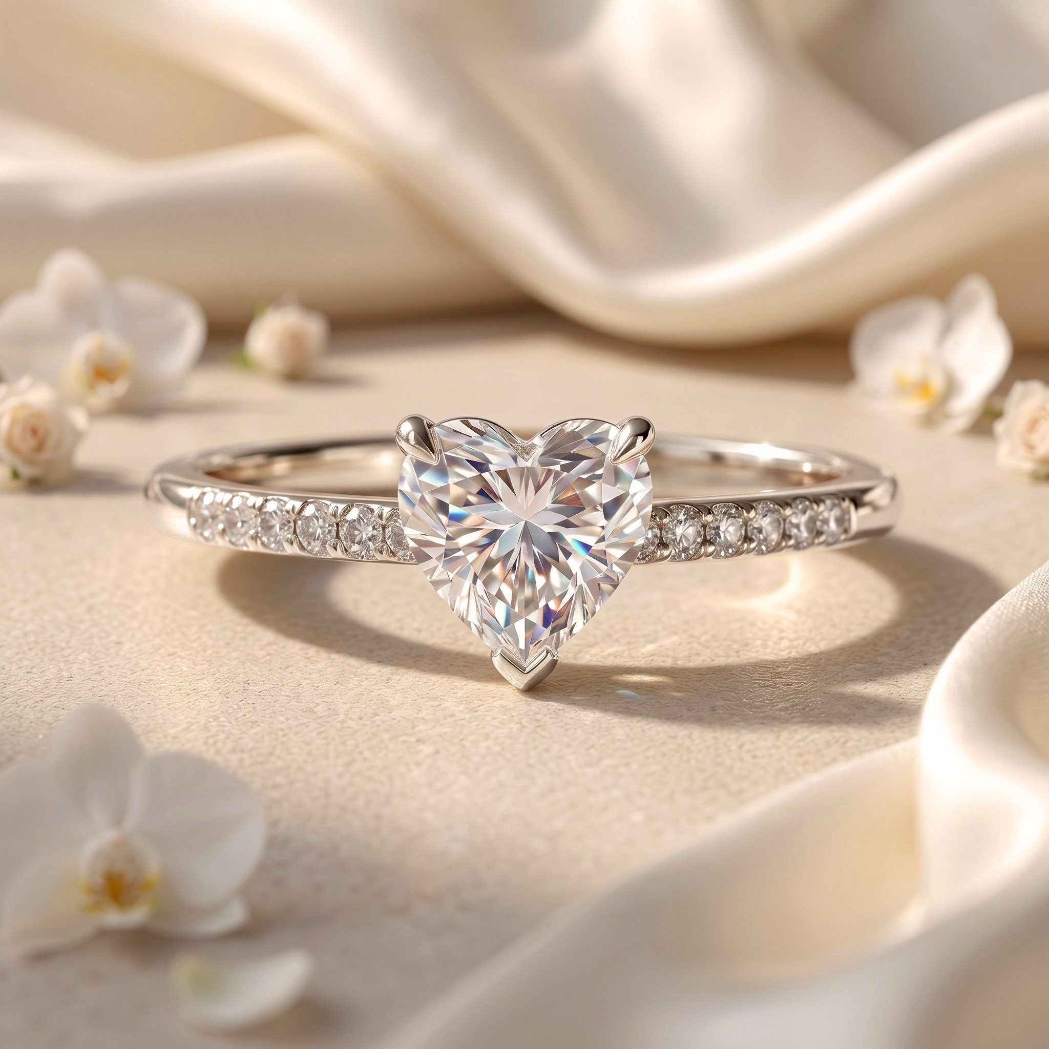 A classic white gold heart-shaped moissanite engagement ring positioned on a luxurious satin cloth surrounded by white flowers.