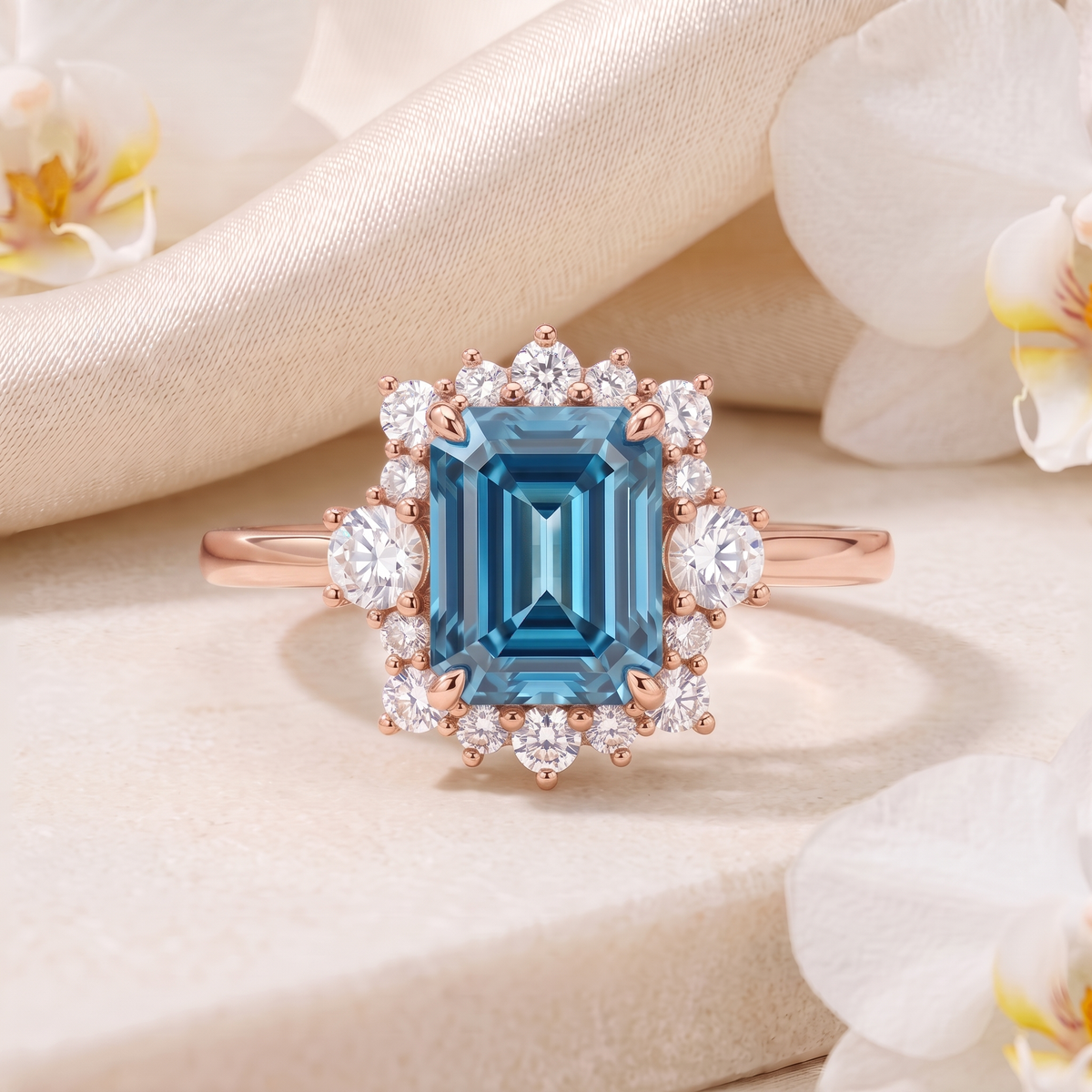 Front view of an emerald-cut blue moissanite halo ring in rose gold.