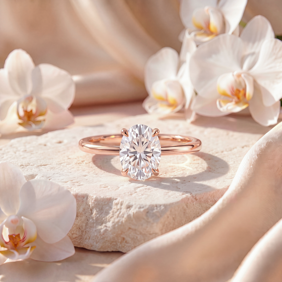 An oval moissanite solitaire engagement ring in rose gold displayed on a stone surface.