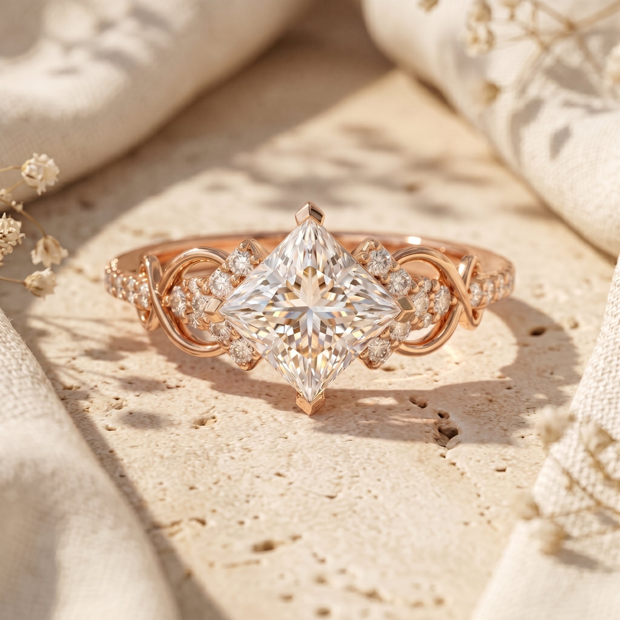 Rose gold princess-cut moissanite ring with infinity band accents displayed on a neutral lifestyle setting.