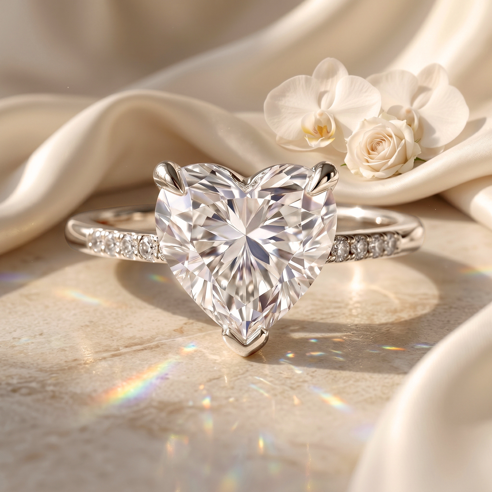 A white gold heart-shaped moissanite engagement ring with a pavé band, elegantly styled with orchids.
