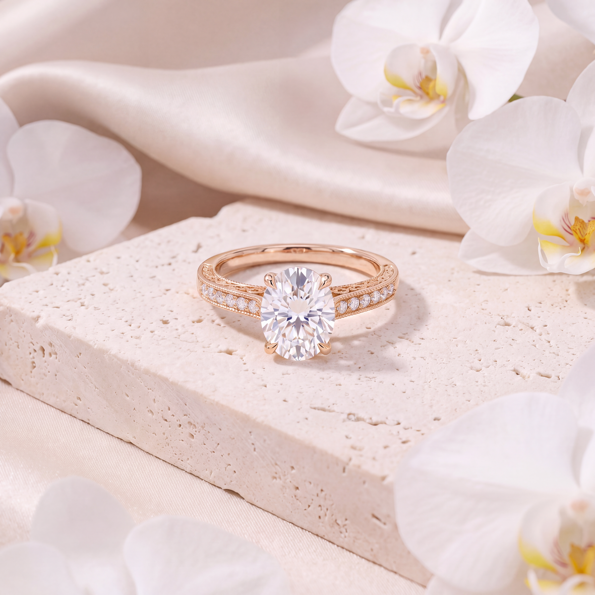 Rose gold oval moissanite engagement ring with a detailed accent band displayed on a stone surface.