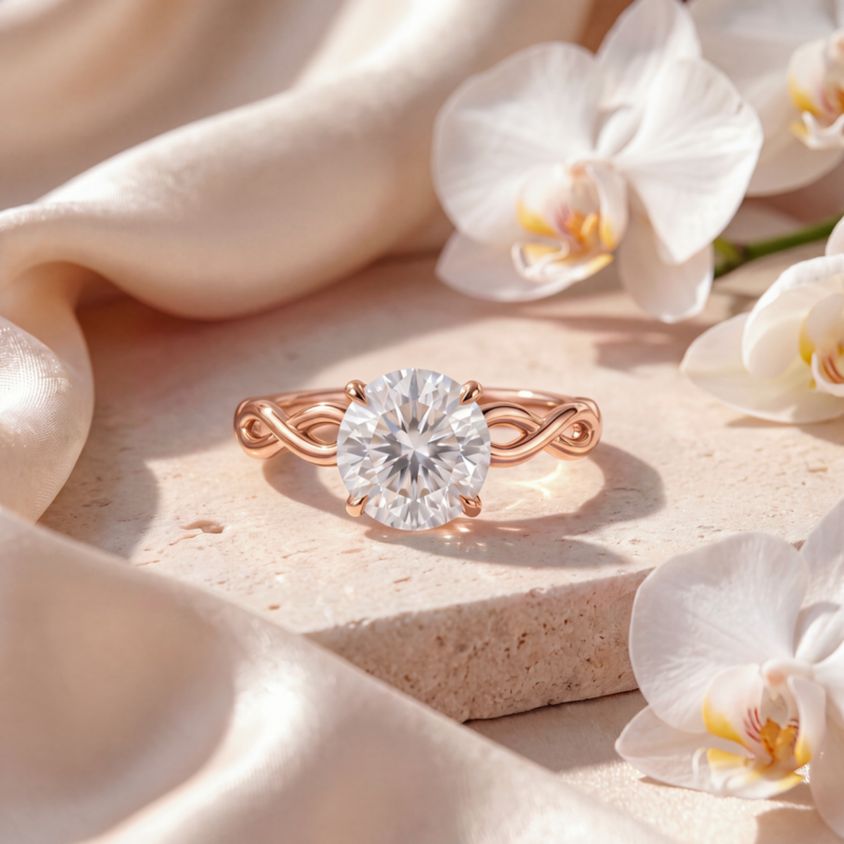 Round solitaire moissanite engagement ring with a twisted infinity band set in rose gold.