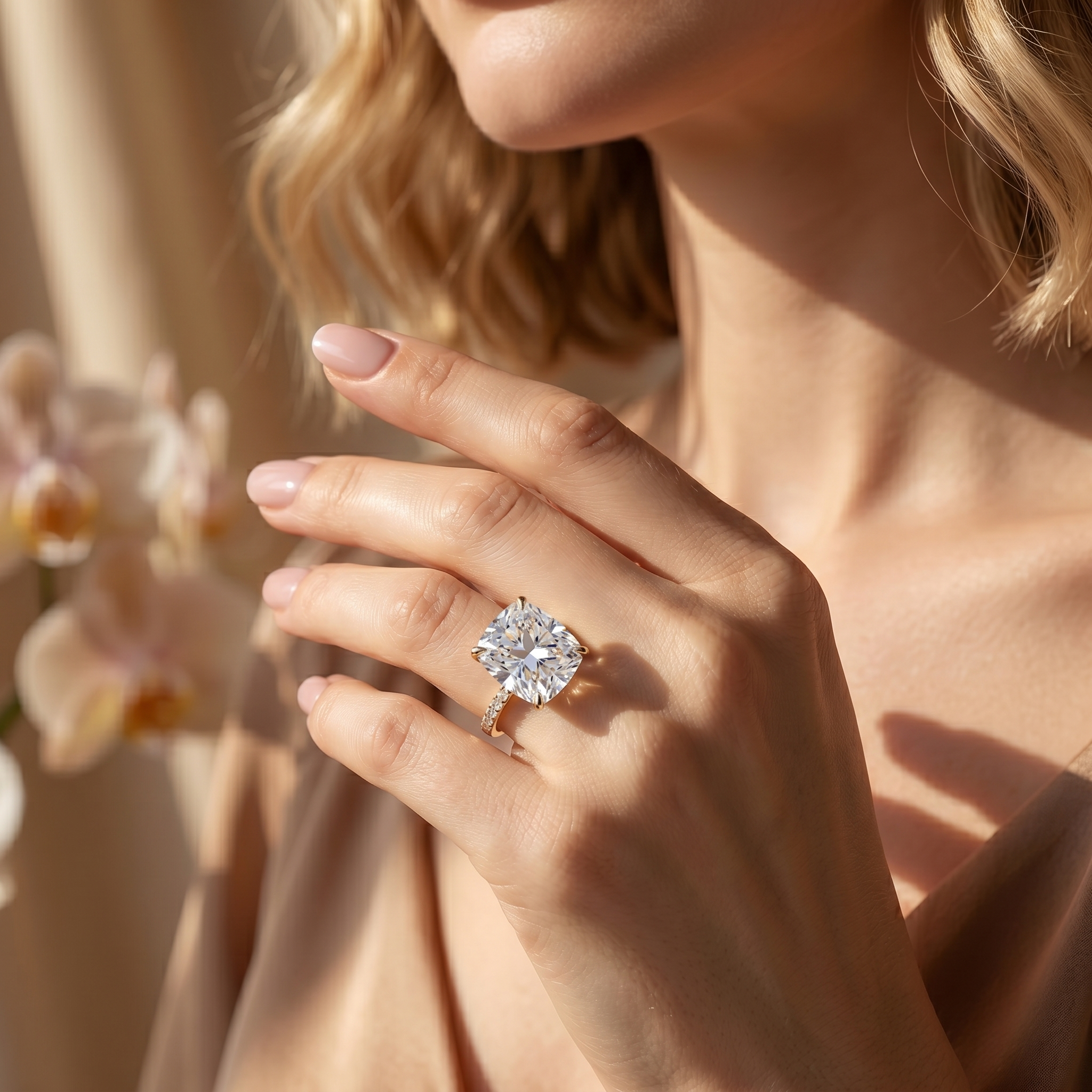 A model wearing a yellow gold cushion-cut moissanite engagement ring with a diamond pave band.