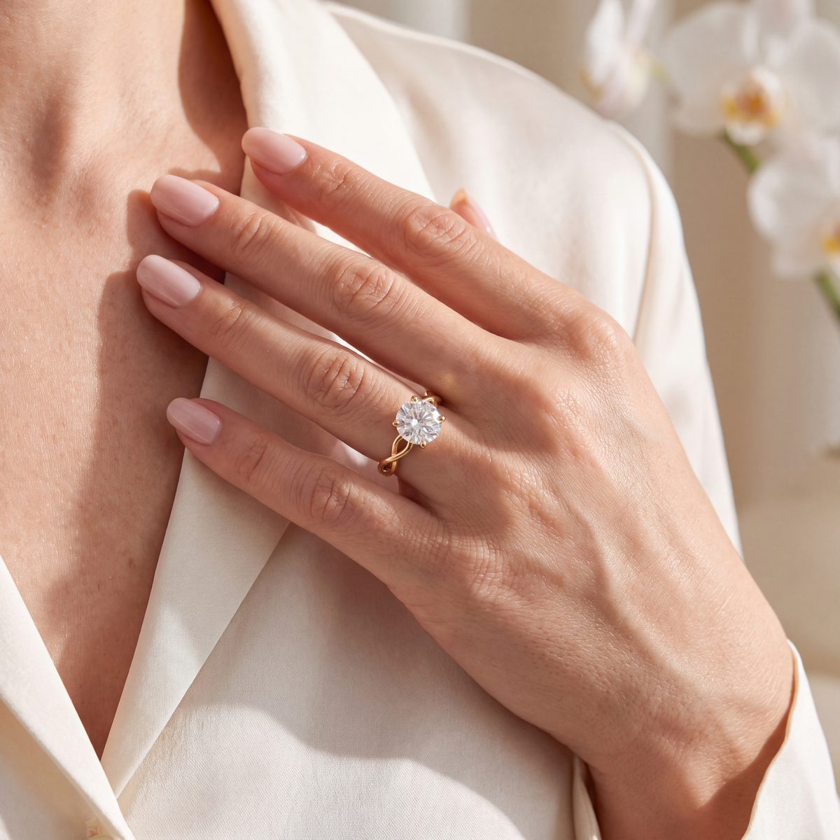 Close-up of a model hand wearing a yellow gold round solitaire moissanite ring.