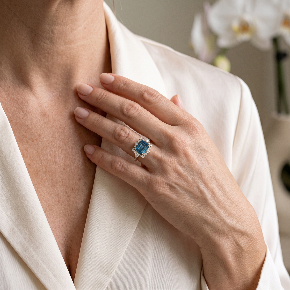 Woman wearing an emerald-cut blue moissanite halo ring in rose gold resting near her collarbone.