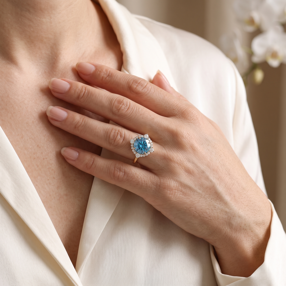 A rose gold blue moissanite ring worn on a hand resting elegantly against a white blouse.