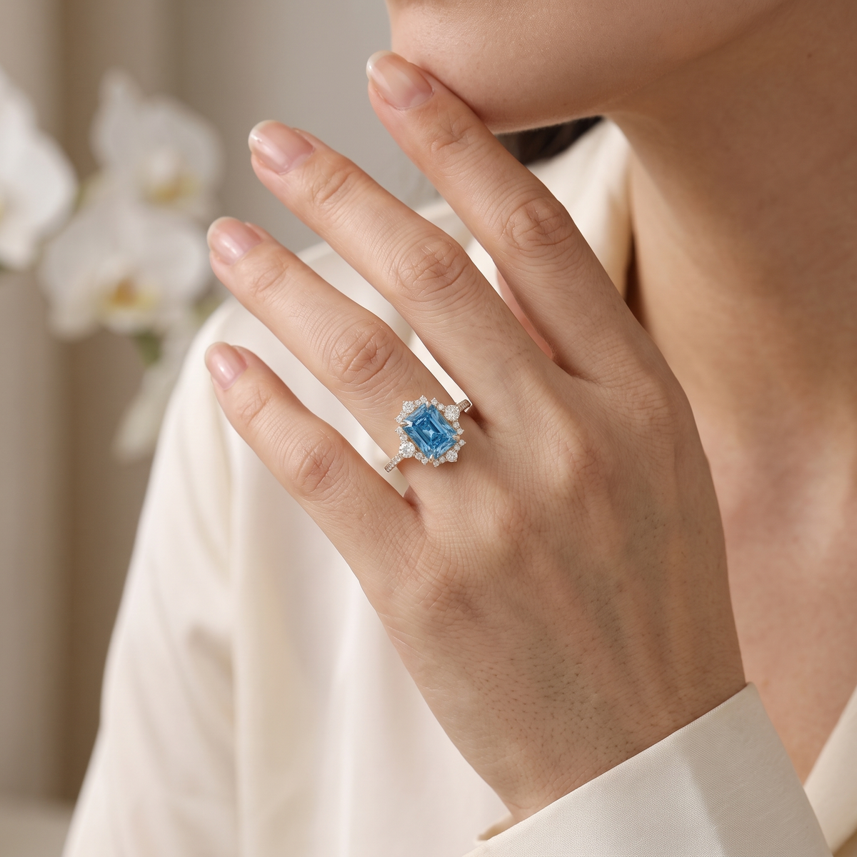 Close-up of a rose gold emerald cut blue moissanite halo ring on a hand.