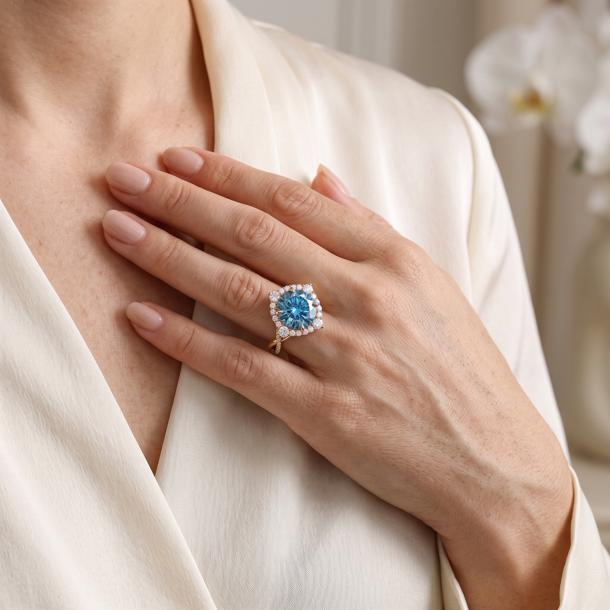 Round blue moissanite halo ring in rose gold worn on a model's hand resting over her chest.