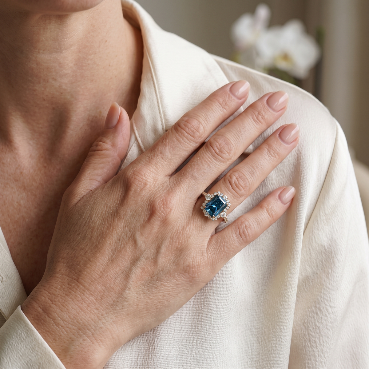 Model displaying a blue radiant cut moissanite ring with halo in rose gold.