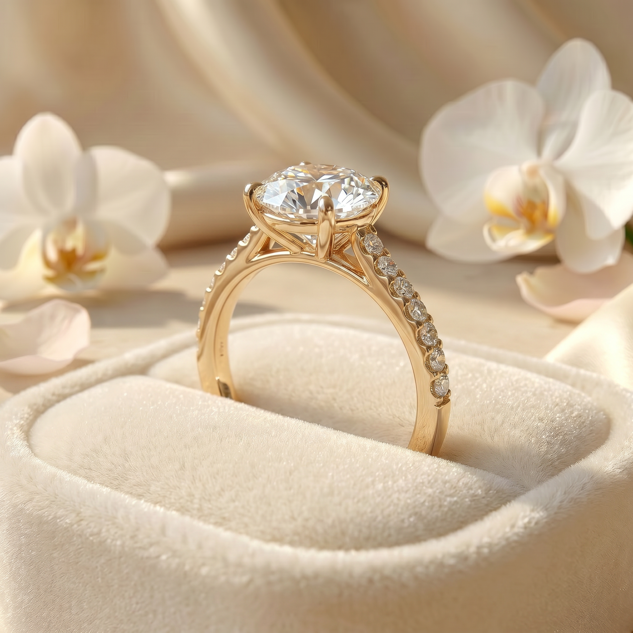 Side profile of a yellow gold round cut moissanite engagement ring with a pavé band, presented in a velvet ring box.