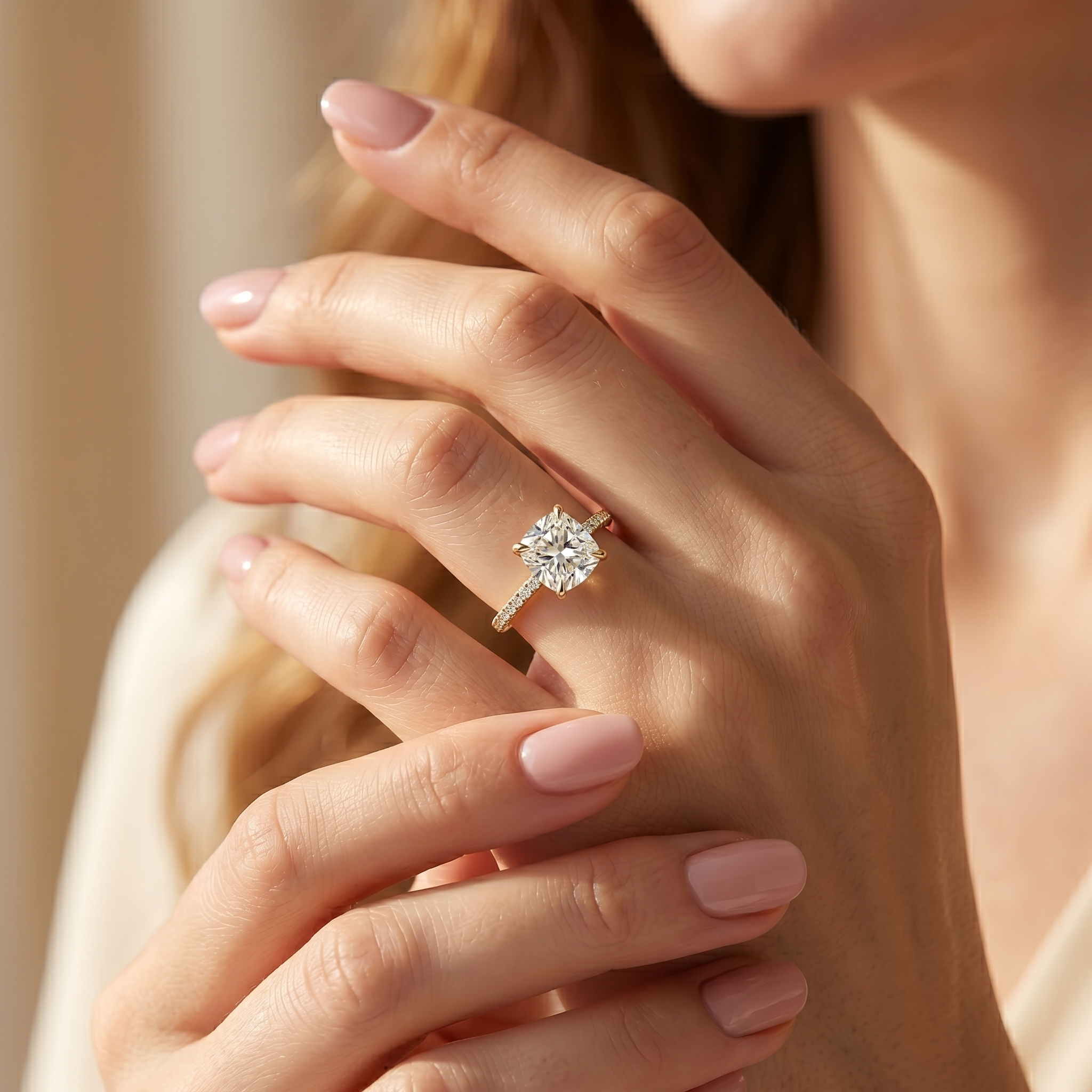A woman's hands clasped together, showing a brilliant cushion-cut moissanite ring in yellow gold.