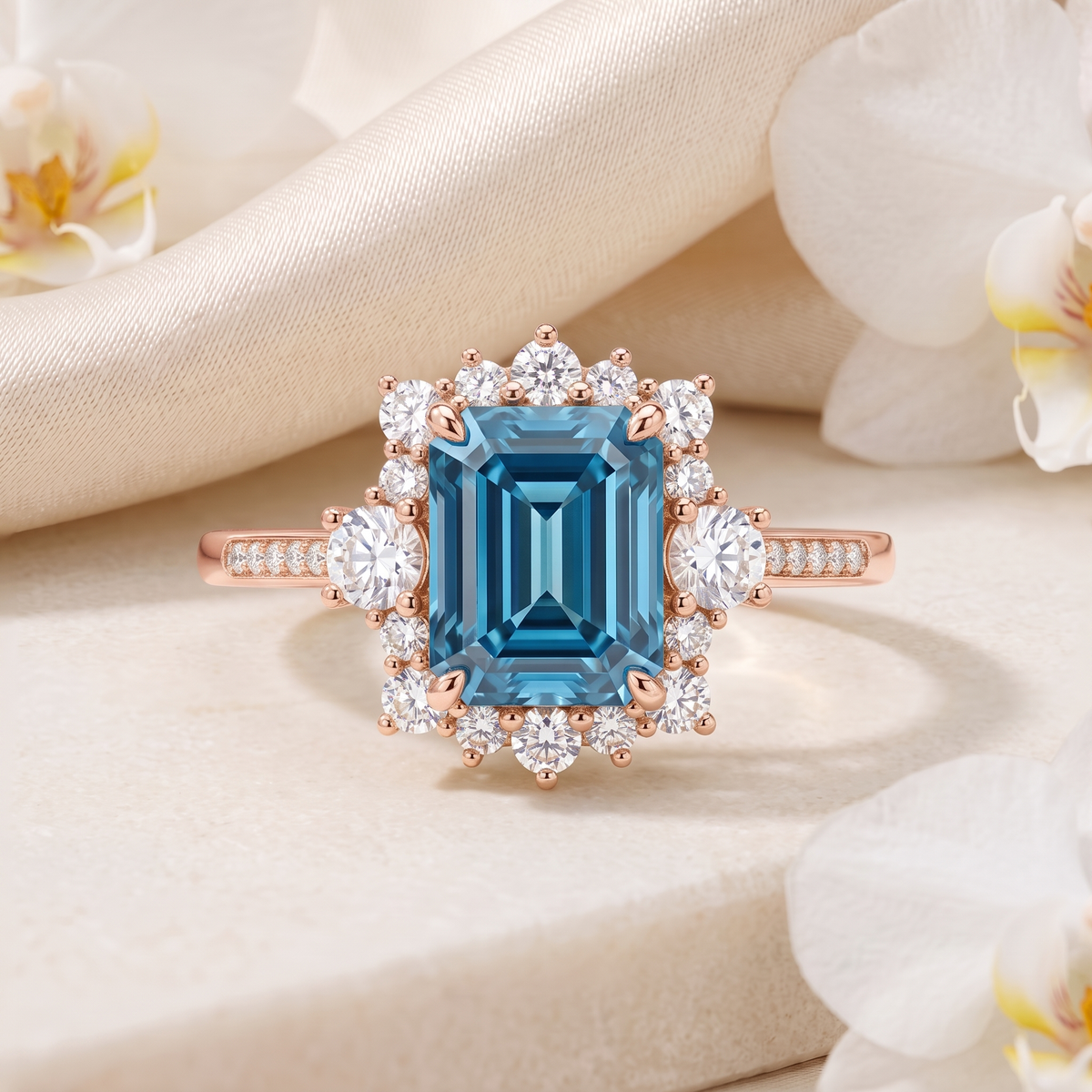 Rose gold emerald-cut blue moissanite halo engagement ring set against a neutral backdrop with orchids.