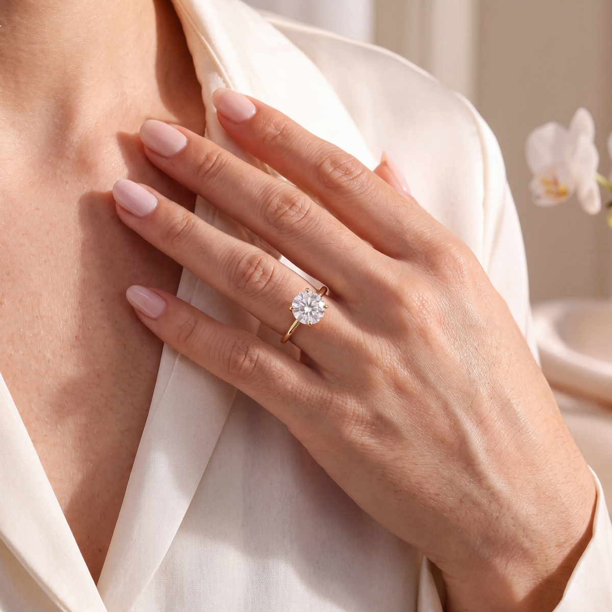 Close-up of a yellow gold round moissanite solitaire ring worn on a hand against white silk clothing.