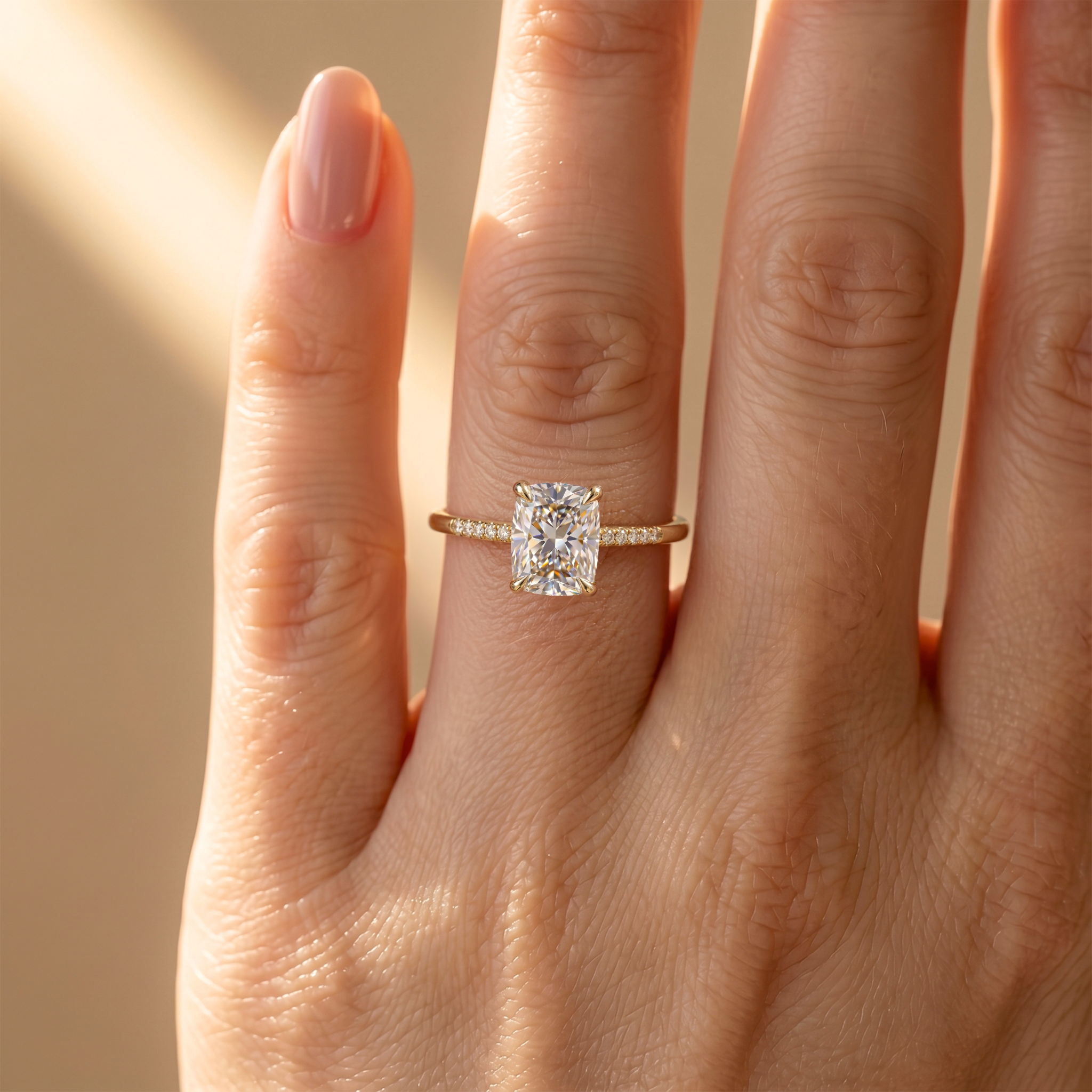 A close-up view of a yellow gold cushion cut moissanite ring worn on a finger under soft natural light.