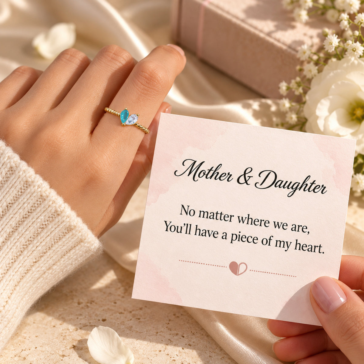 Gold vermeil birthstone ring with example colours and Mother & Daughter message card