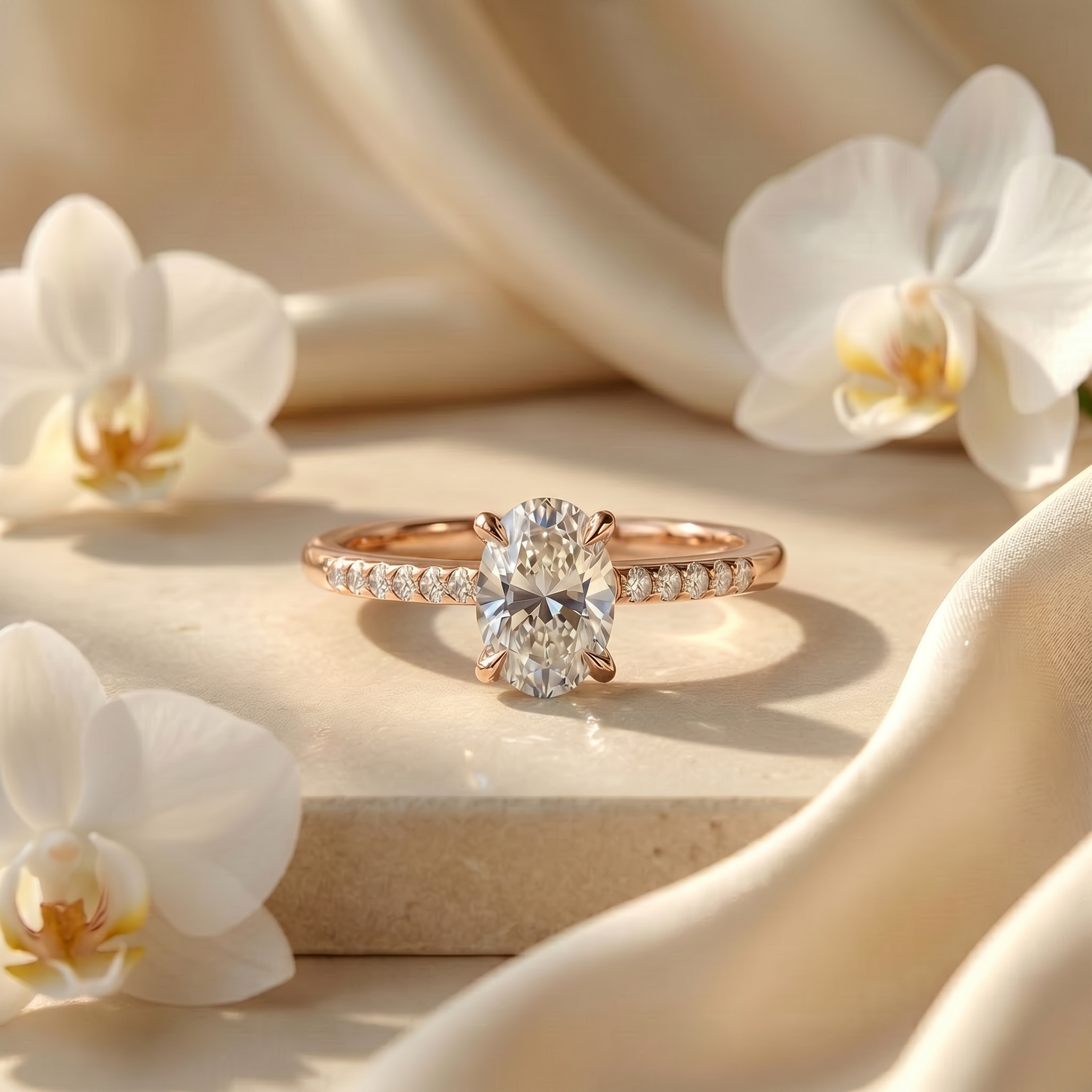 A rose gold oval-cut moissanite engagement ring featuring a pavé band, elegantly displayed with white orchids on a silk surface.