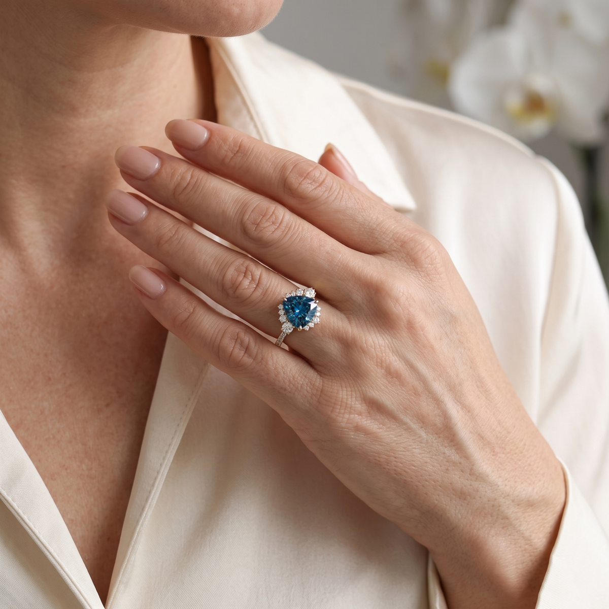A model wearing a white gold trillion-cut blue moissanite halo ring on her hand.