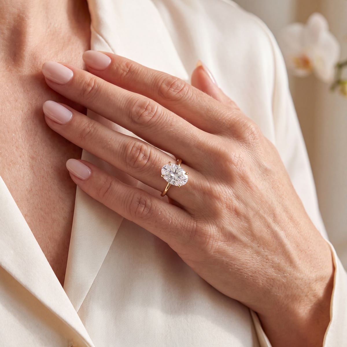 Close-up lifestyle view of an oval moissanite solitaire ring in yellow gold worn on hand.