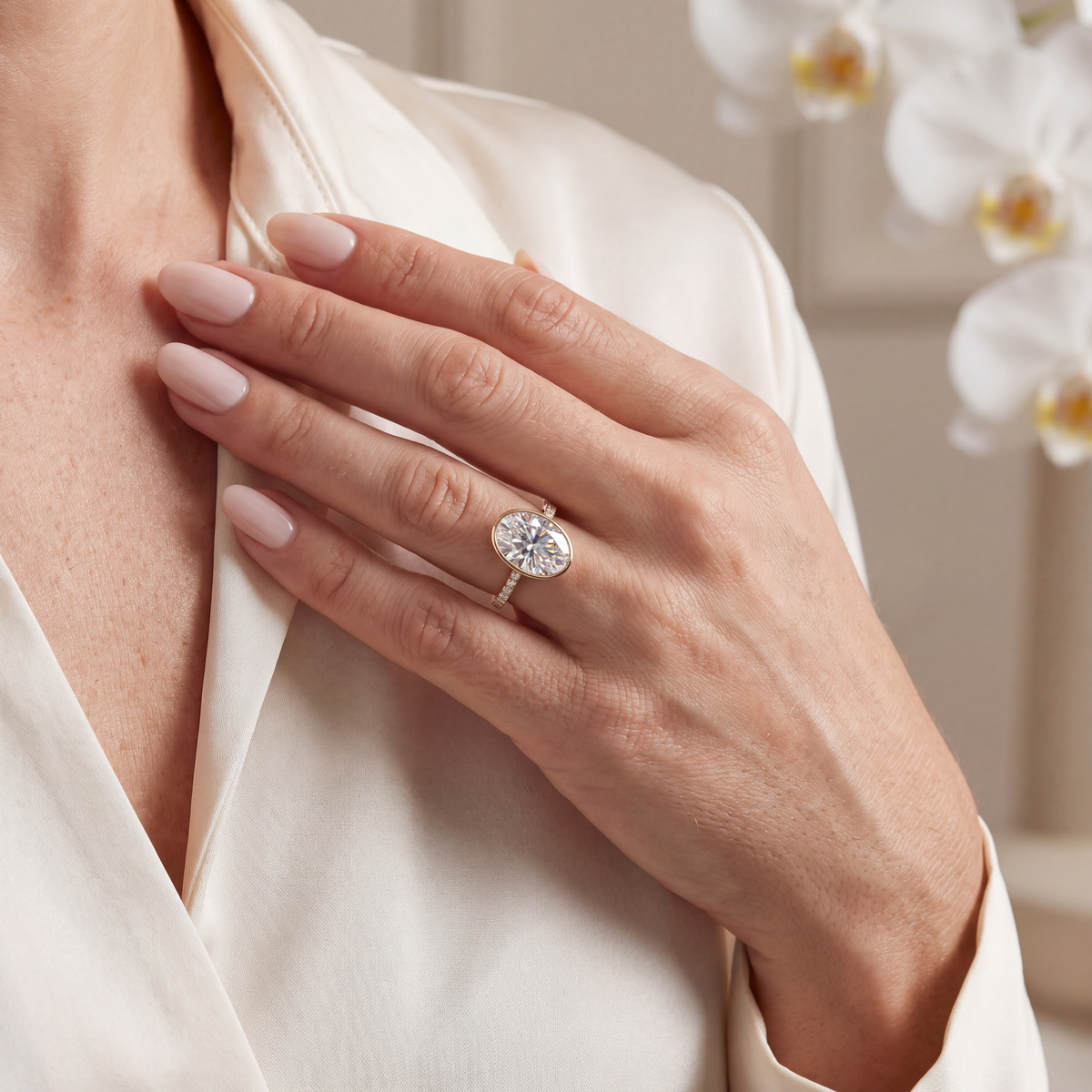 Model holding hand to collarbone, wearing an oval moissanite bezel engagement ring in yellow gold.