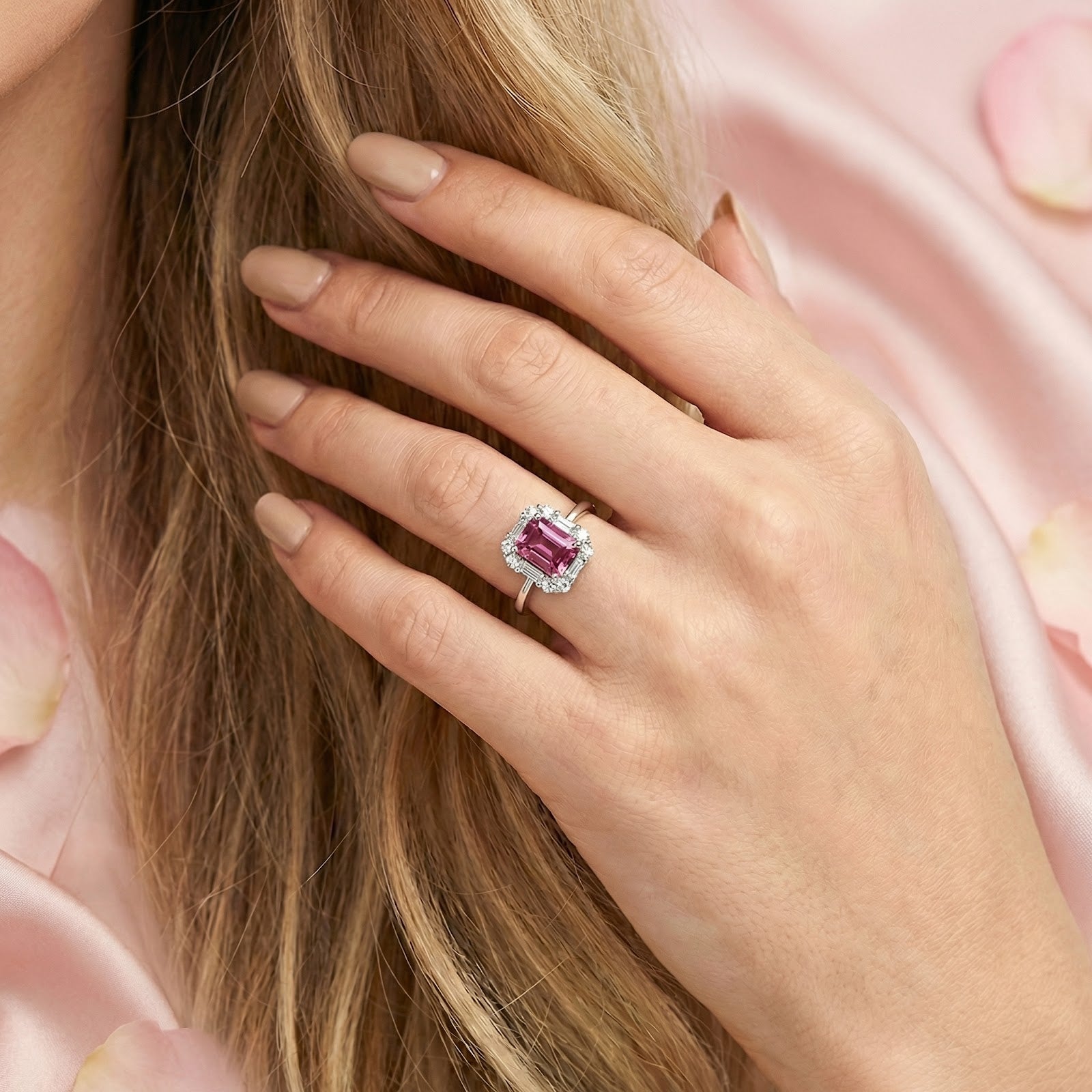Close-up of the octagon pink tourmaline sterling silver ring worn on a woman's hand.