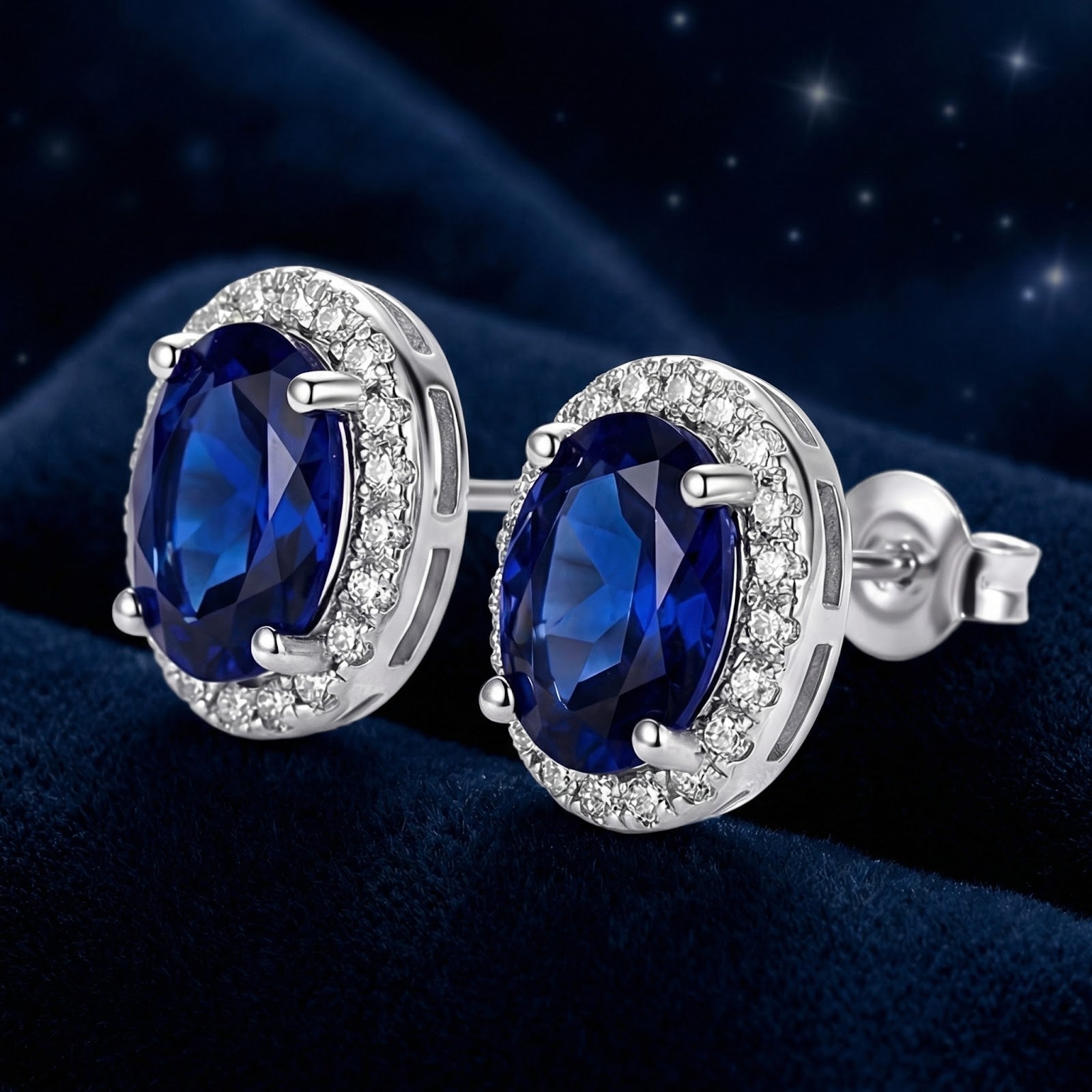 Macro view of oval simulated sapphire halo earrings in sterling silver showing the setting and butterfly backs.