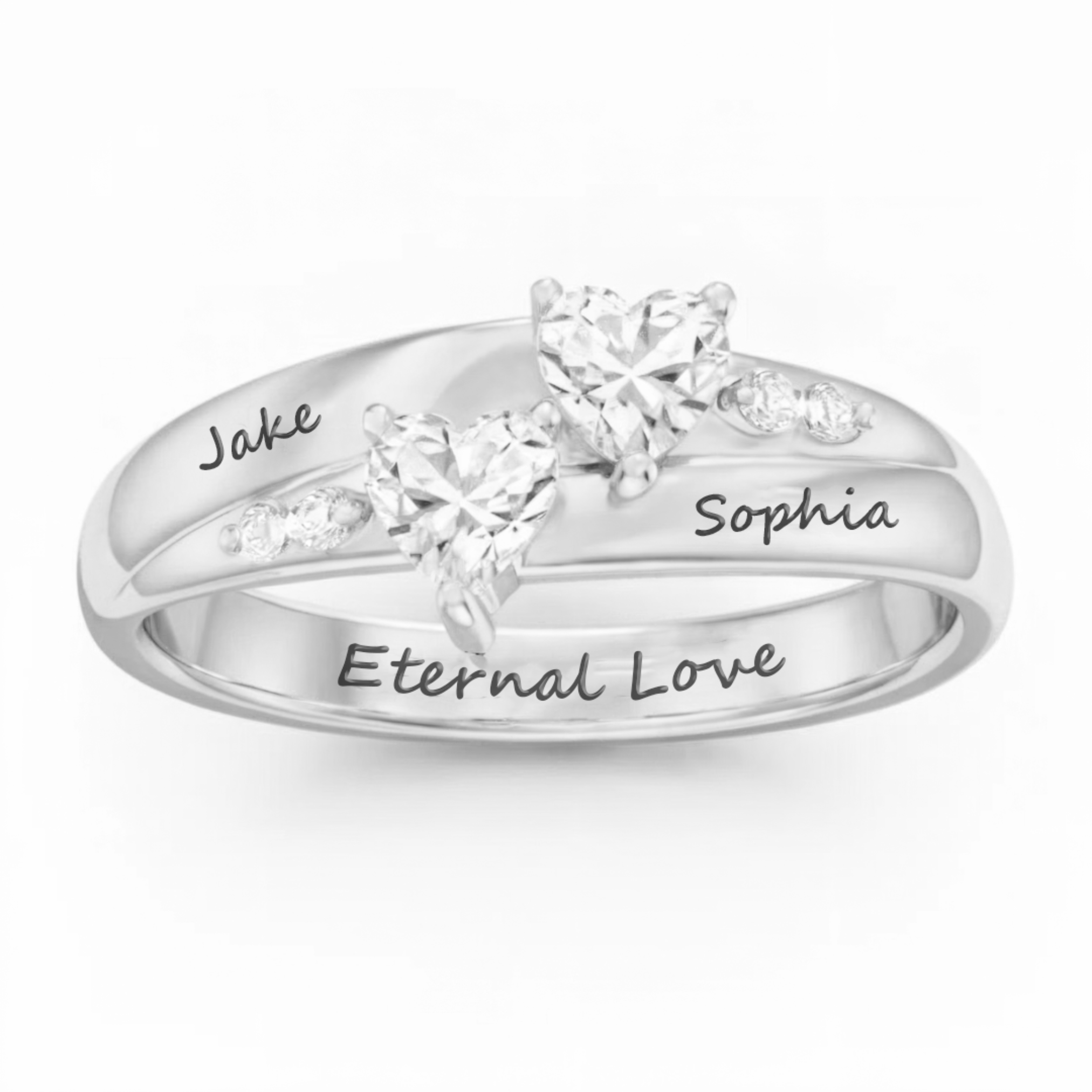 Anillo de promesa de doble corazón grabado en plata