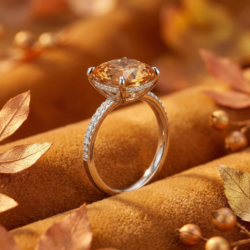 Side view of the cushion cut simulated topaz ring in S925 sterling silver showing the pavé setting and hidden halo.