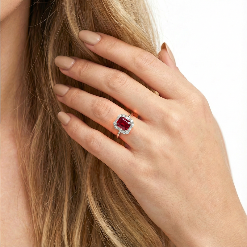 Close-up of the Pigeon Blood red emerald cut simulated ruby ring worn on a model's hand.