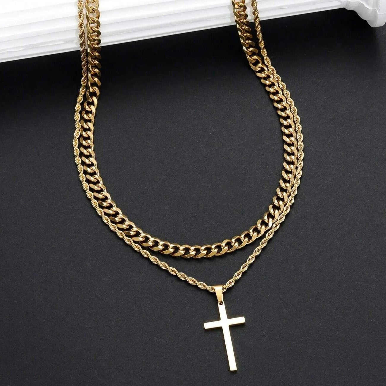 18K Gold Men's Double Layer Cross Pendant Charm Necklace