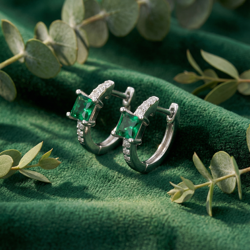 Side view of silver huggie earrings with square-cut green simulated emeralds on green velvet fabric.