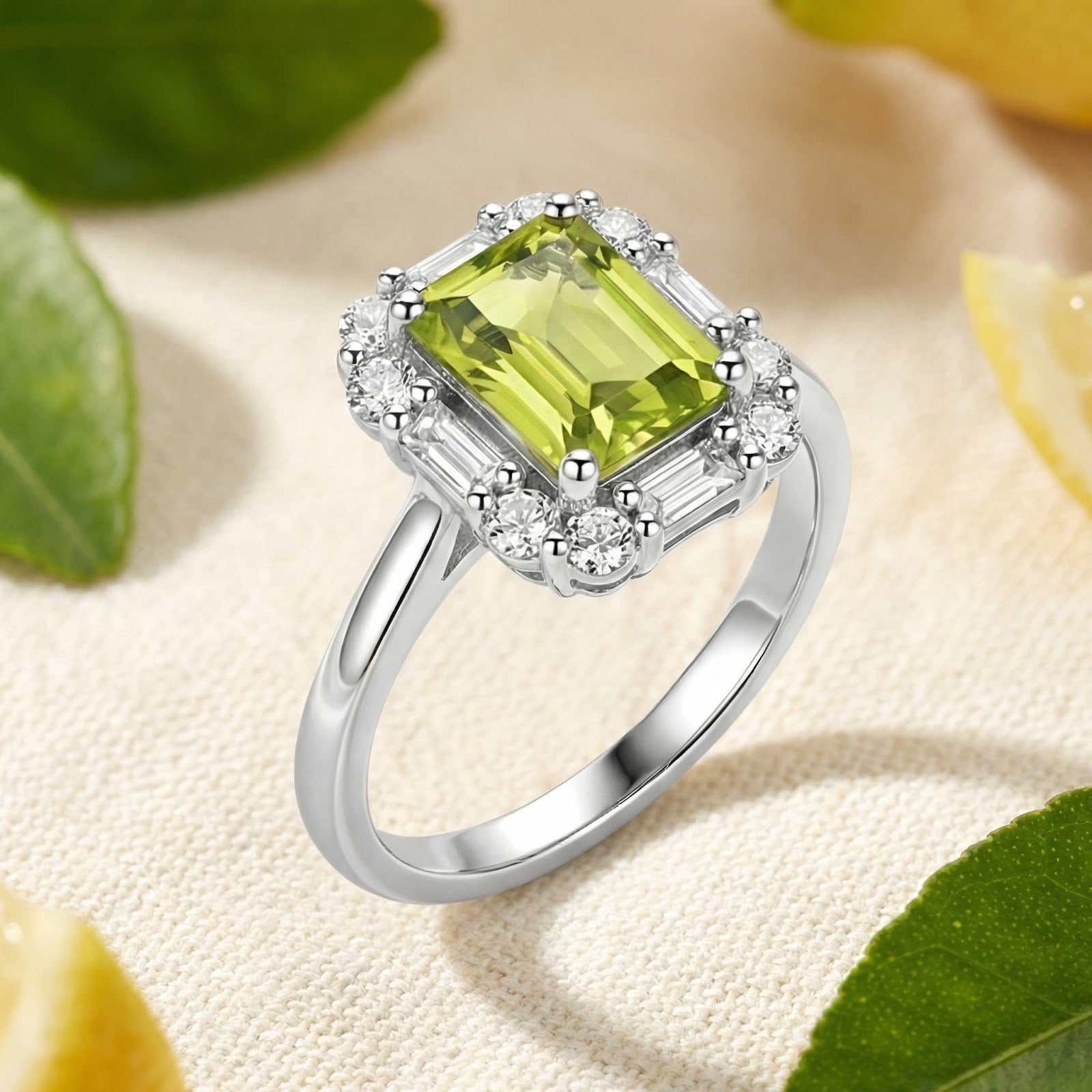Octagon cut yellow-green simulated peridot ring in sterling silver on a textured surface with citrus leaves.