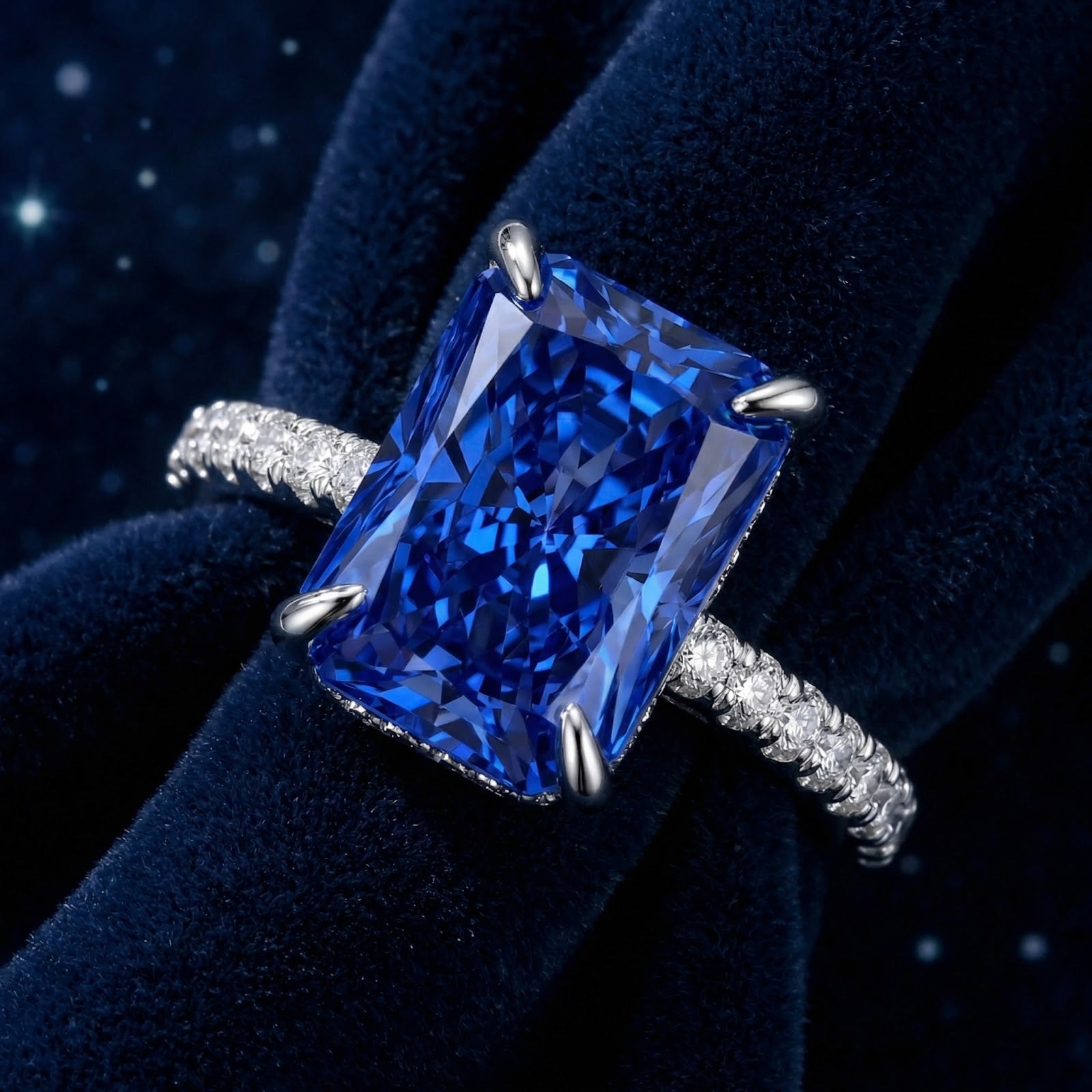 Macro view of the radiant cut blue simulated sapphire and pavé accents on a sterling silver ring band.