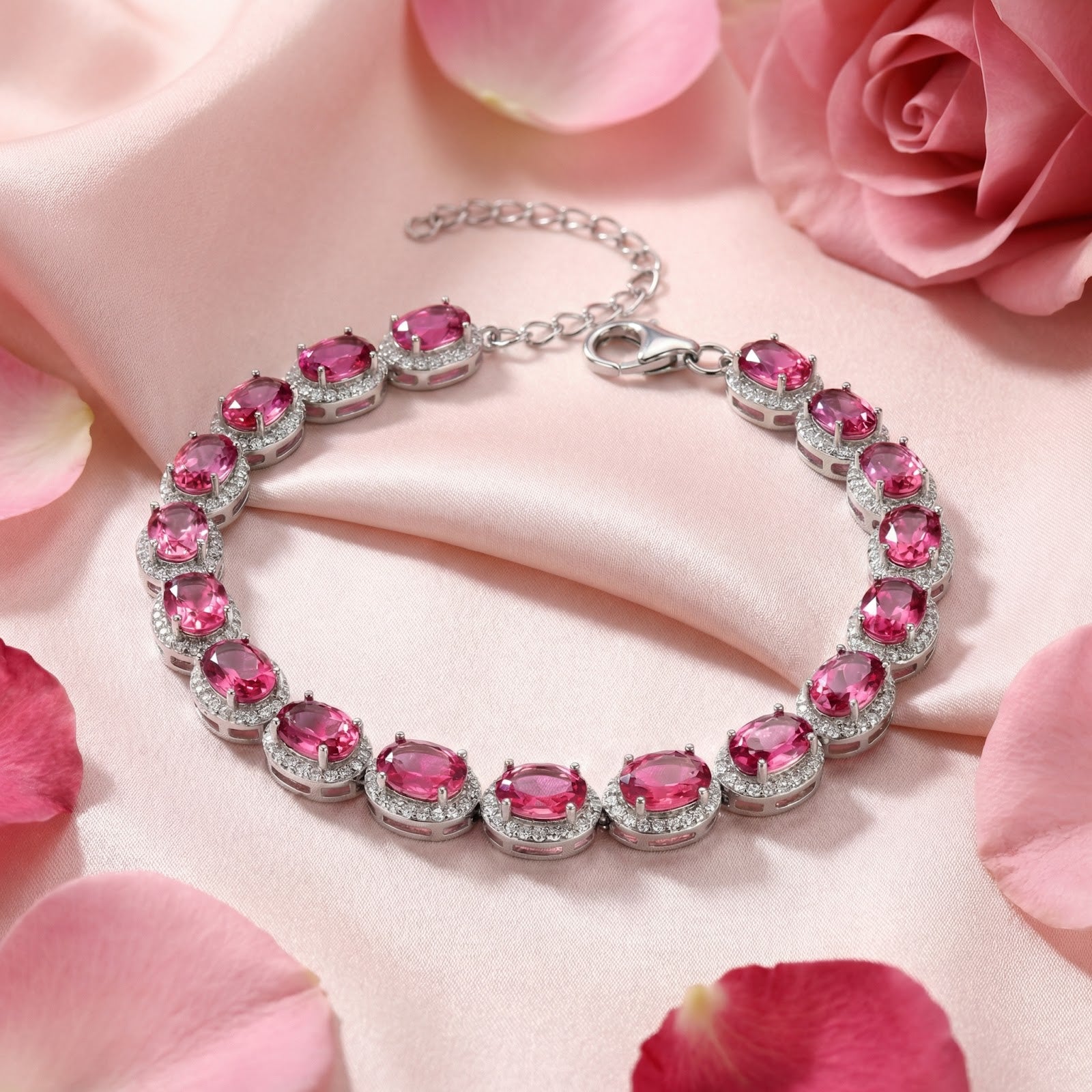 Sterling silver halo bracelet with oval simulated pink tourmaline stones on pink silk with rose petals.