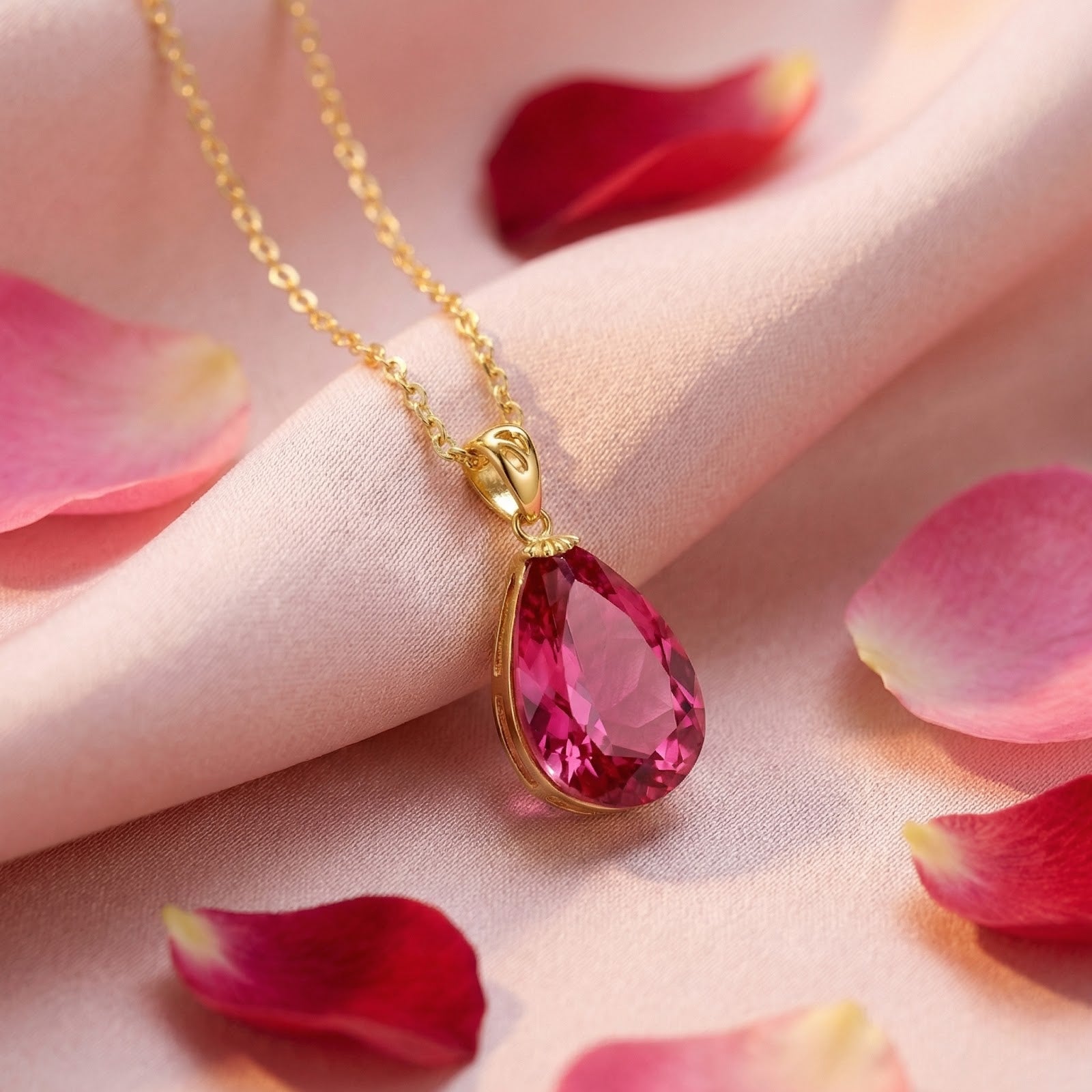 Pear-cut simulated pink tourmaline necklace in 18K gold vermeil on pink silk with rose petals.