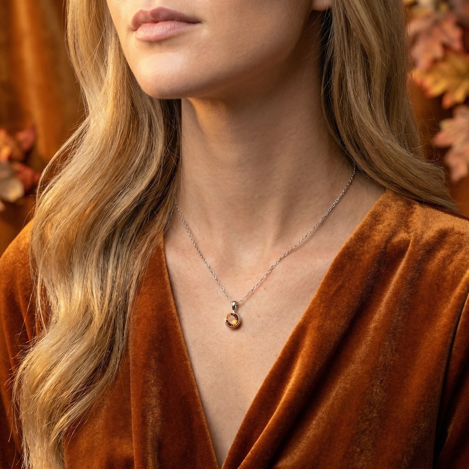 Sterling silver solitaire necklace featuring a round simulated topaz worn by a model in an autumnal setting.