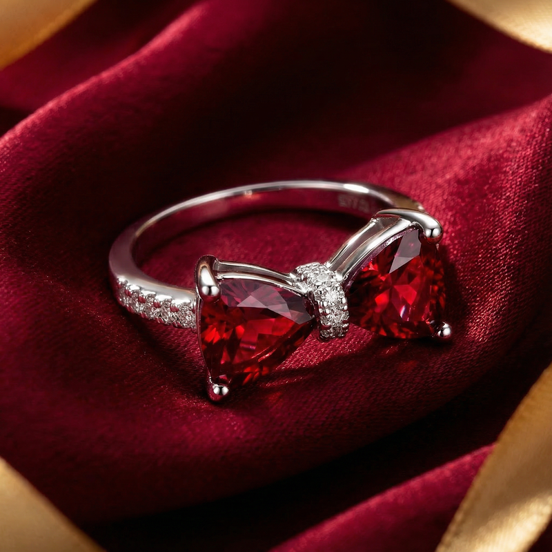 Macro view of the Vivara bow ring's trillion-cut simulated rubies and S925 sterling silver setting.