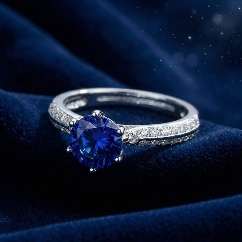 Macro view of a round blue simulated sapphire and six-prong sterling silver setting on blue velvet.